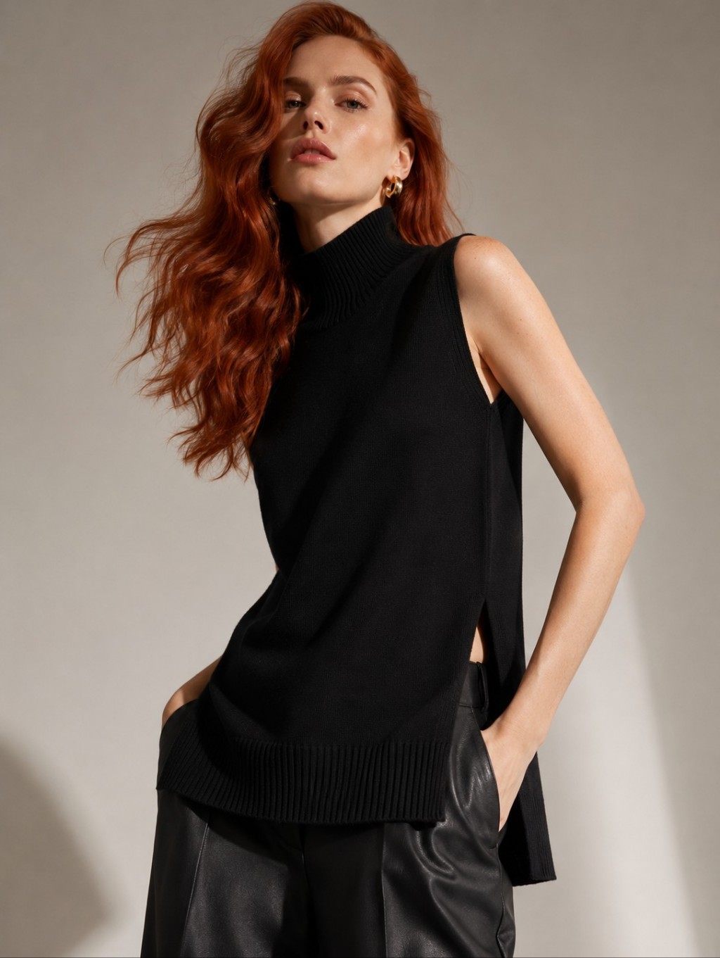 Nwt! Magaschoni Oversized Mock Neck Sleeveless Black Tunic Sweater Top, Xs